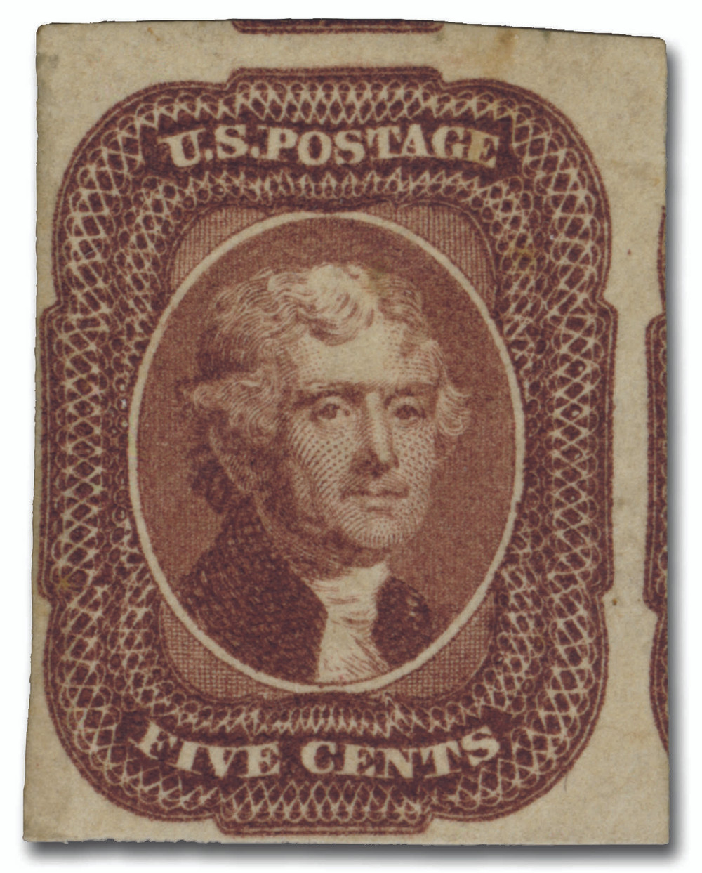 12 - 1856 5c Thomas Jefferson, Red Brown, Type I, Imperf. - Mystic
