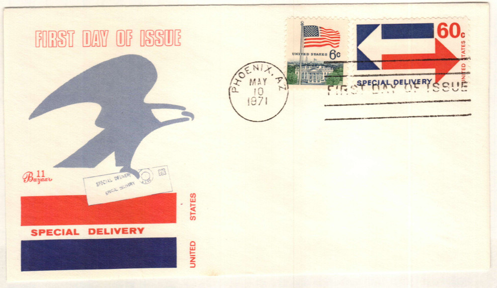 E23 - 1971 60c Special Delivery, Arrows, Blue & Red - Mystic Stamp