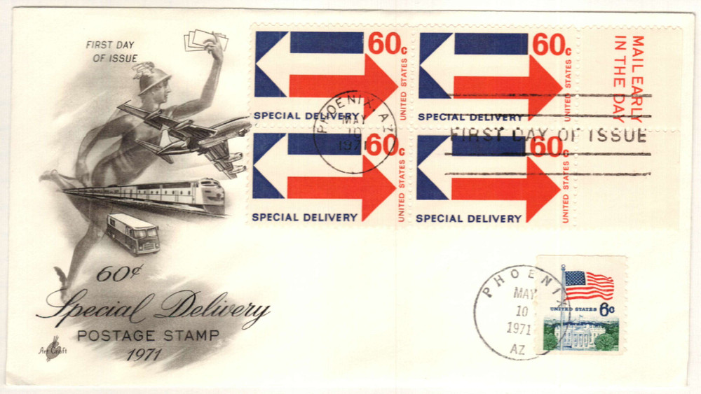 E23 - 1971 60c Special Delivery, Arrows, Blue & Red - Mystic Stamp