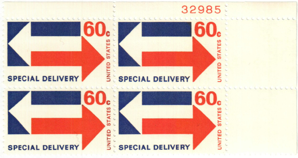 E23 - 1971 60c Special Delivery, Arrows, Blue & Red - Mystic Stamp