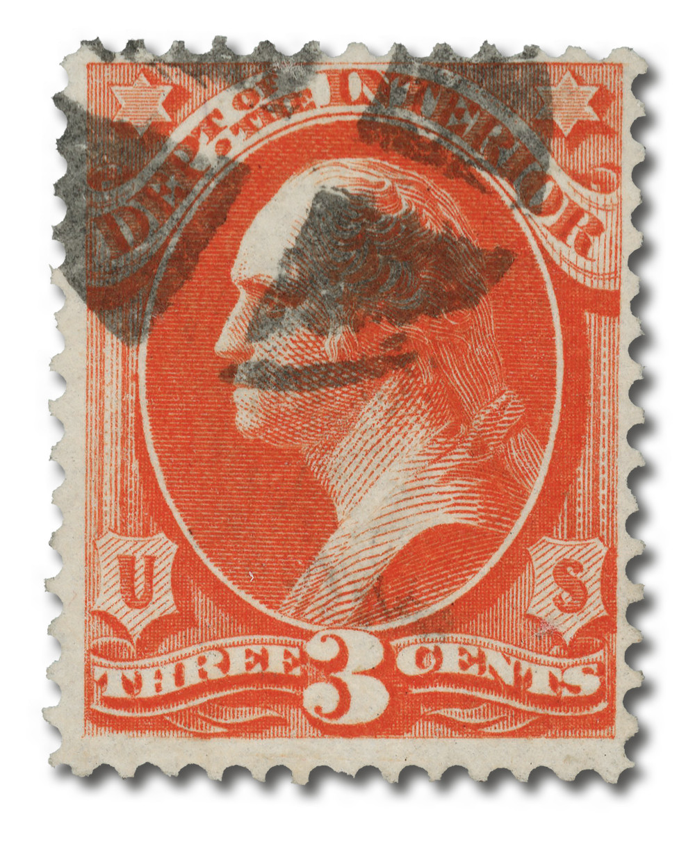 O17 - 1873 3c Department of the Interior Official, Vermilion, Hard