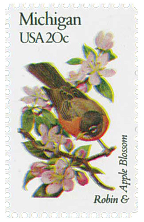 1974 - 1982 20c State Birds & Flowers: Michigan - Mystic Stamp Company