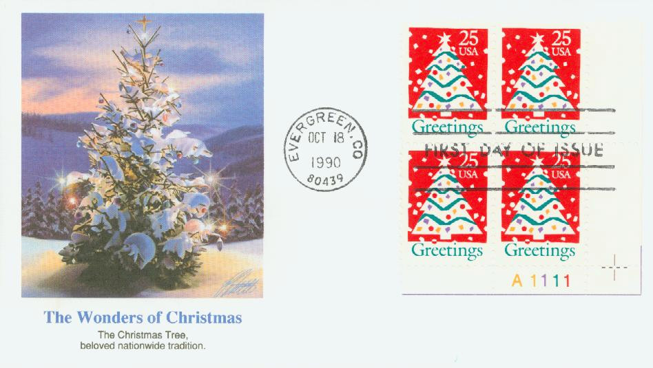 2515 - 1990 25c Christmas Tree & Greetings - Mystic Stamp Company