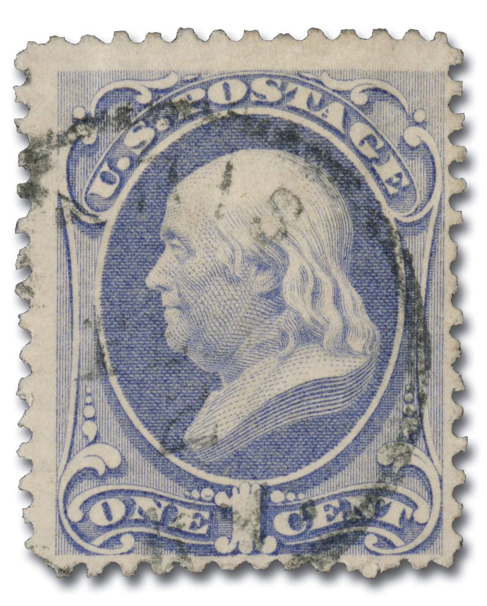 156 - 1873 1c Franklin, Ultramarine, Secret Mark, Hard Paper, Perf