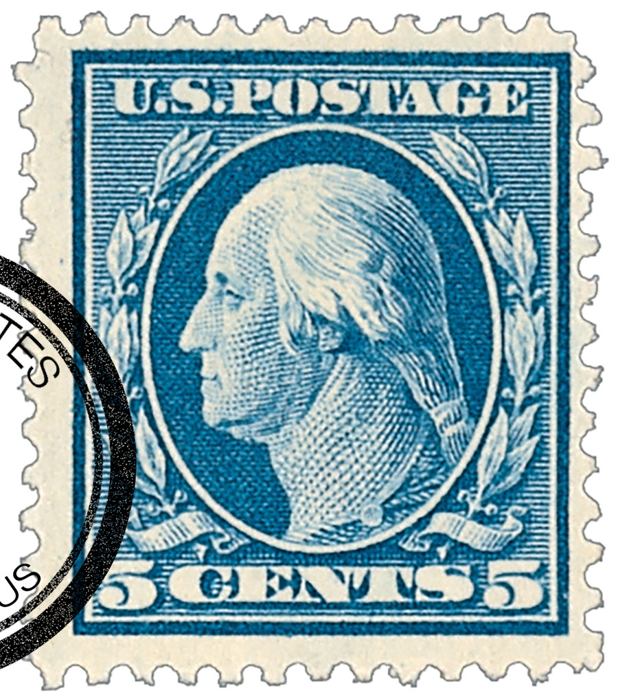 335 - 1908 5c Washington, Blue, Double Line Watermark, Perf. 12