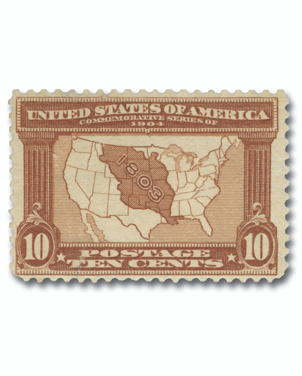 327 1904 10c Map of Louisiana Purchase, Red Brown Mystic Stamp