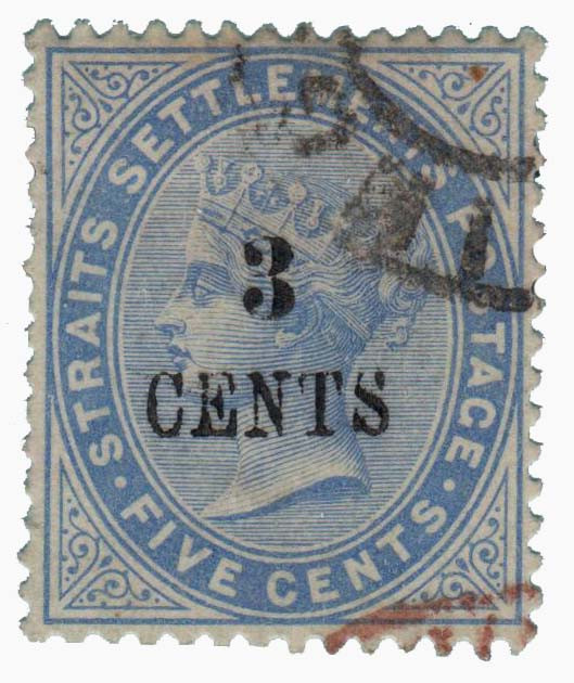 Straits Settlements 1885 Queen Victoria 3 Cents Surcharge on 5 Cents