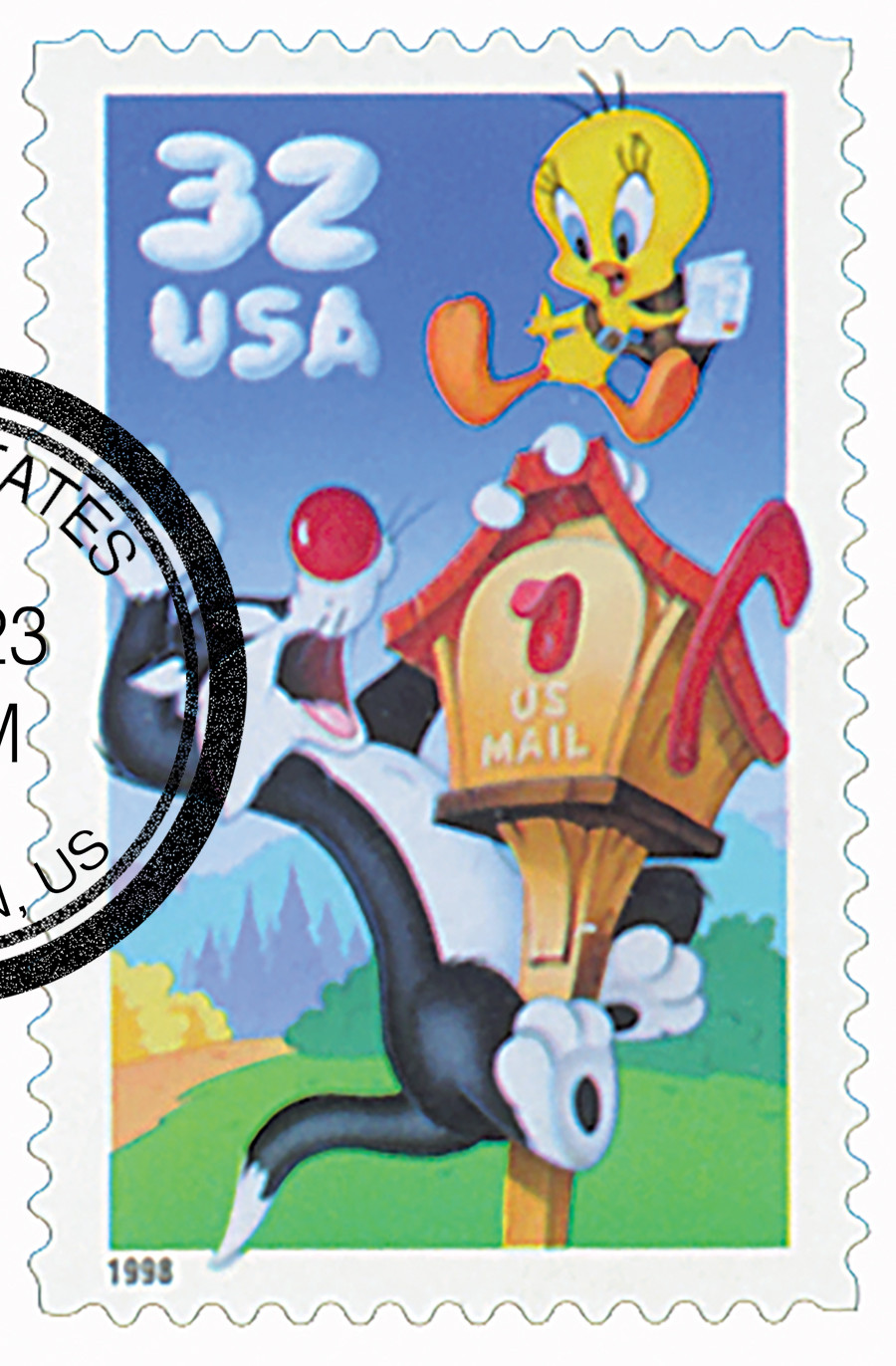 3204a - 1998 32c Sylvester & Tweety, Single from pane of 10 Stamps