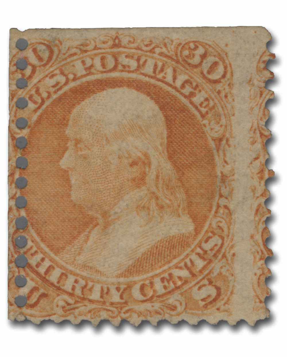切手71 71 - 1861-62 30c Franklin, Orange, Perf. 12 - Mystic Stamp Company
