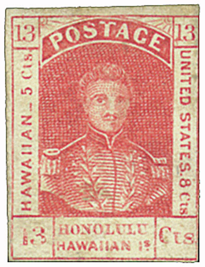 H6 - 1853 13c King Kamehameha III, Dark Red, Thick White Wove