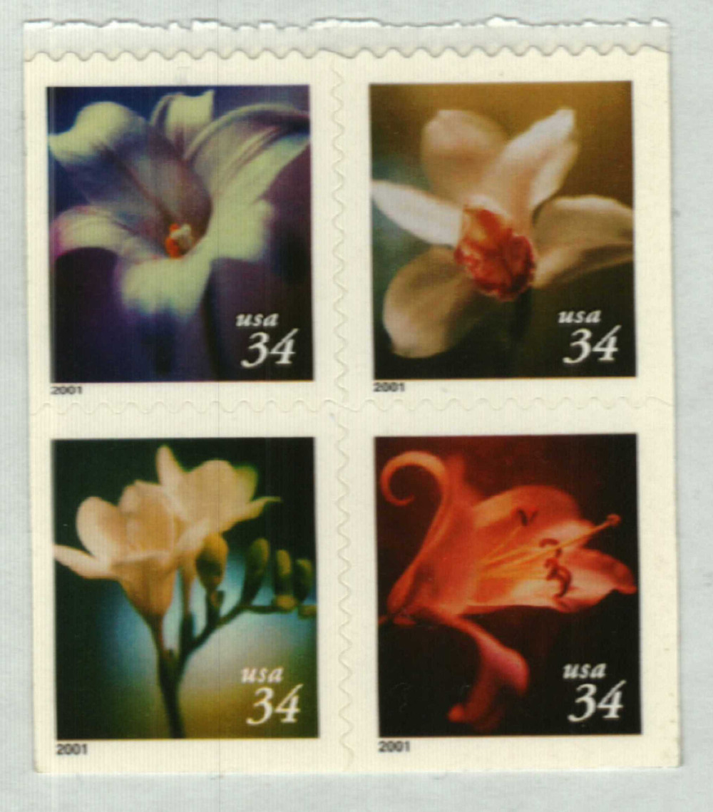 3487-90 - 2001 34c Flowers, Booklet, 4 Stamps - Mystic Stamp Company