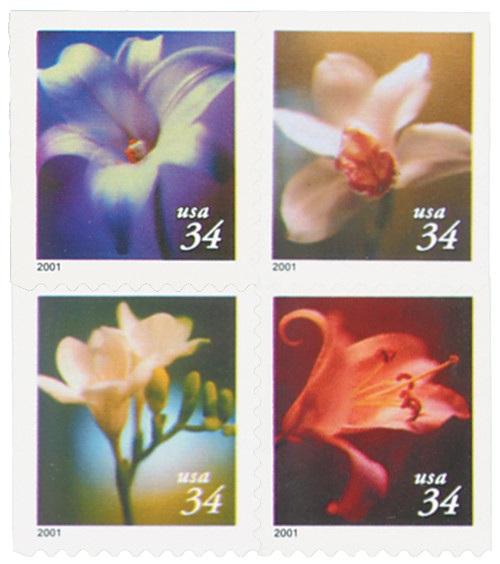 3487-90 - 2001 34c Flowers, Booklet, 4 Stamps - Mystic Stamp Company