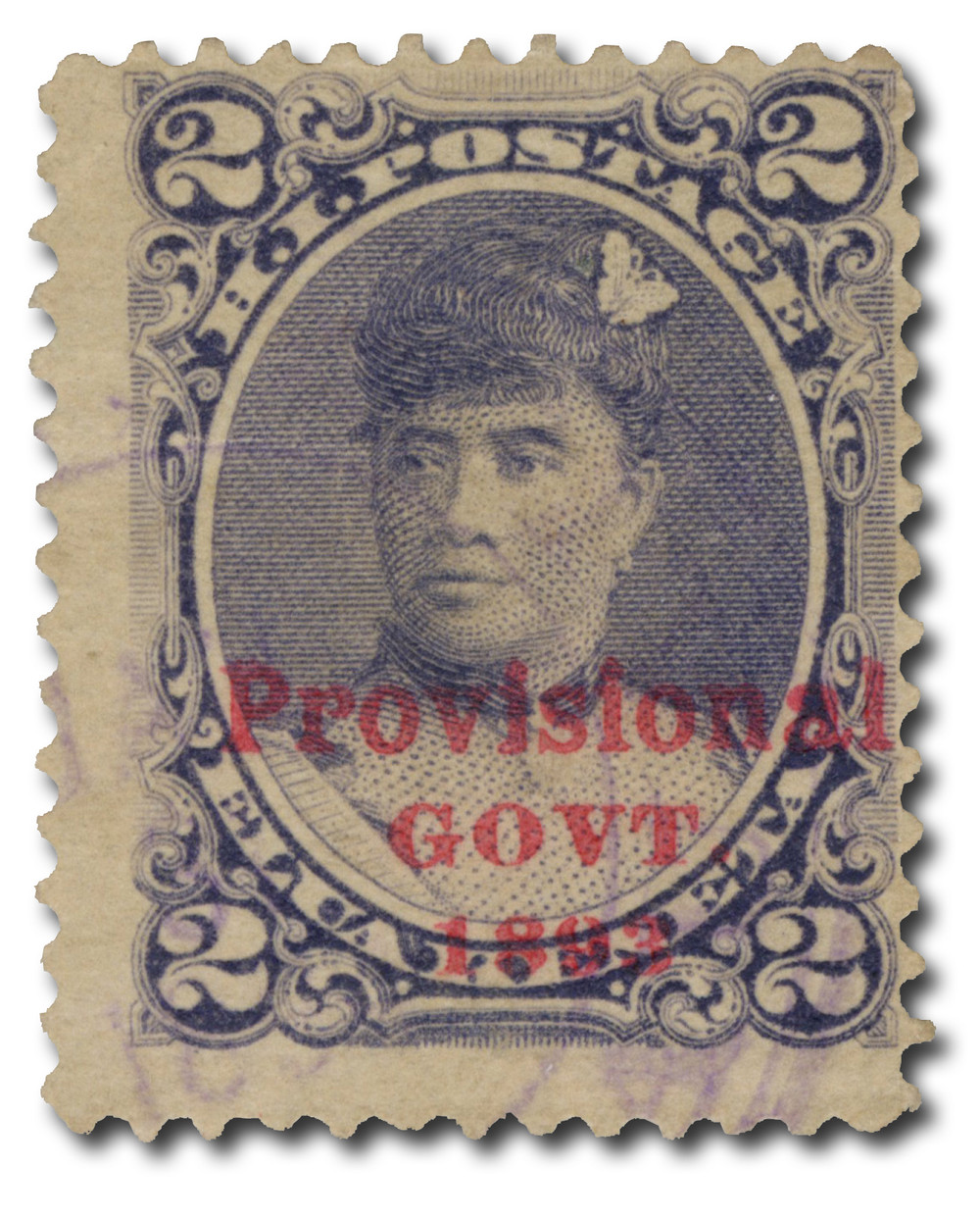 8828 外国切手 1893年 アメリカハワイ暫定政府 田型 加刷 レア H57 - 1893 2c Princess Victoria Kamamalu, Dull Violet, Hawaii, Red