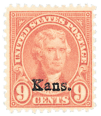 667 - 1929 9c Thomas Jefferson, Light Rose, Kansas Overprint