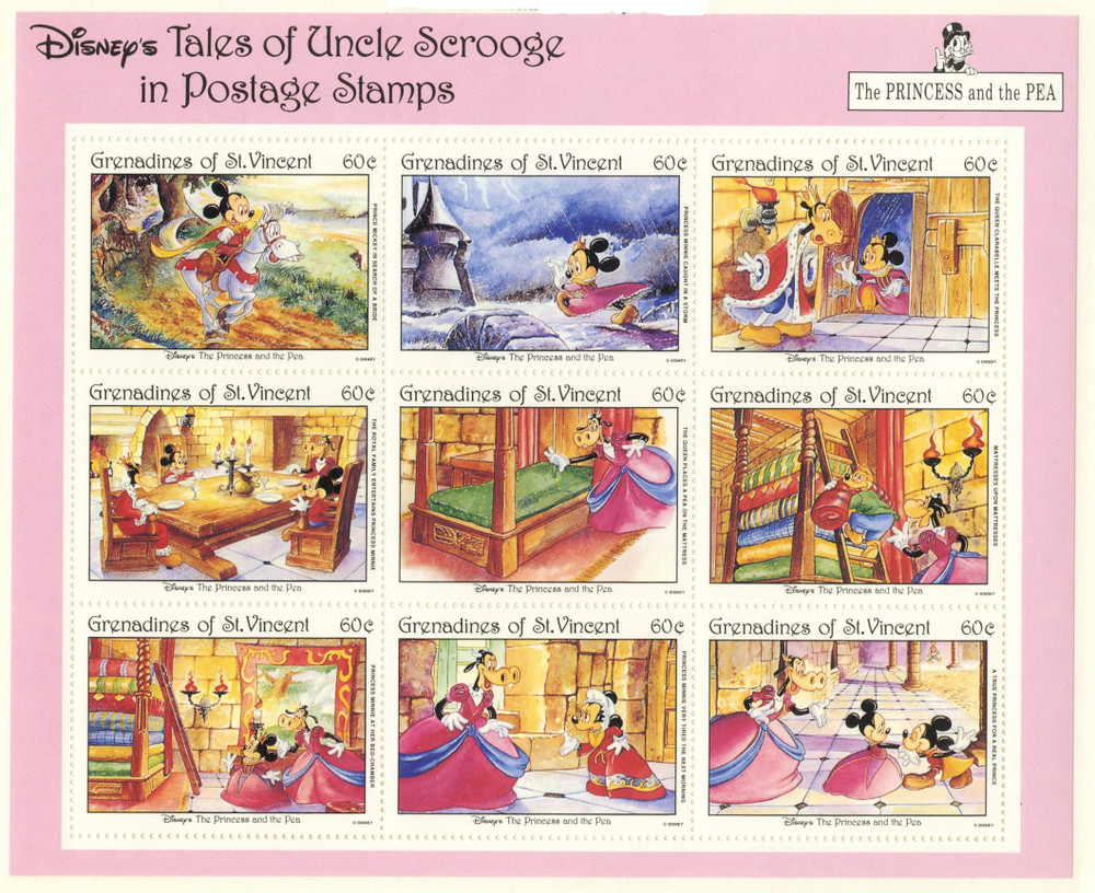 限定品ディズニー☆Authentic Postage Stanp MDS198 - 1992 Disney's The Princess and The Pea, Mint Sheet of 9