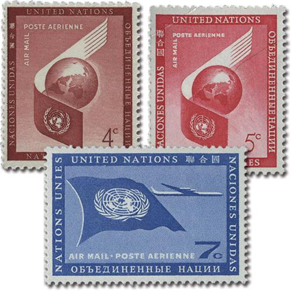 レア！UNITED NATIONS SOUVENIR FLAG STAMPS UNC5-7 - 1957-59 N.Y. Globe & Wing; Flag 4c, 5c, 7c - Mystic