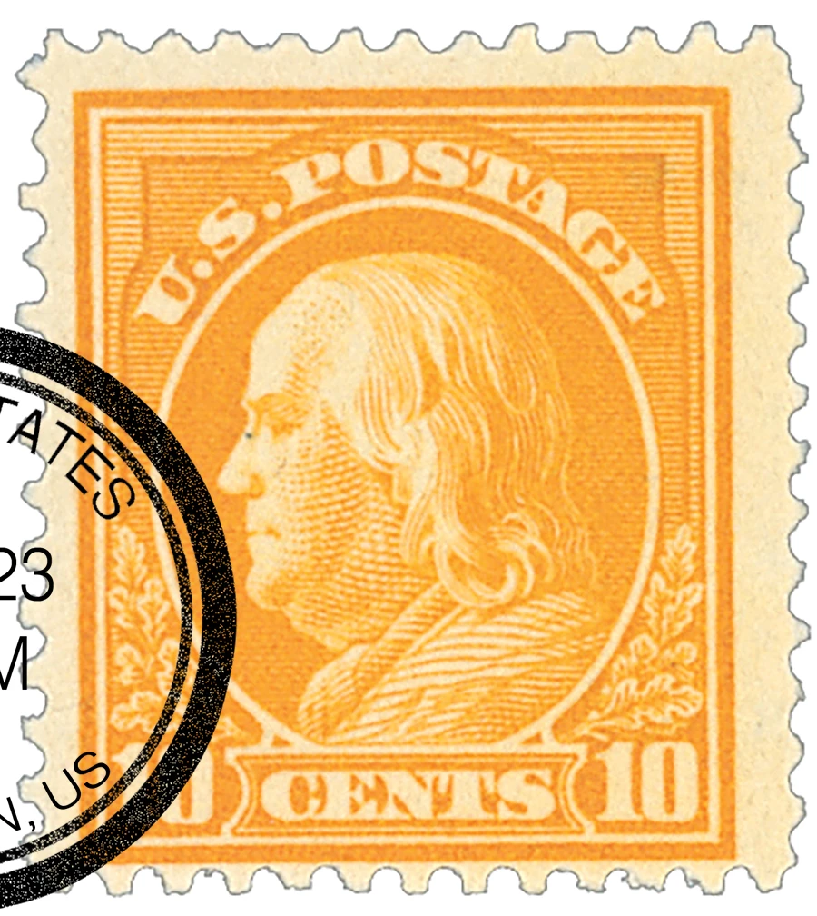416 - 1912 10c Franklin, Orange Yellow, Single Line Watermark