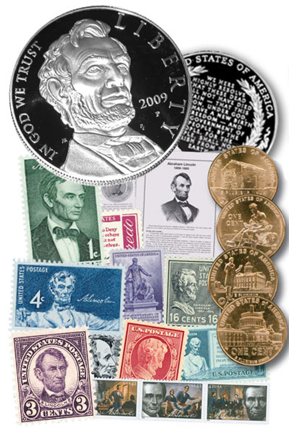 M10385 - Lincoln Stamp & Coin Collection w/Album - Mystic