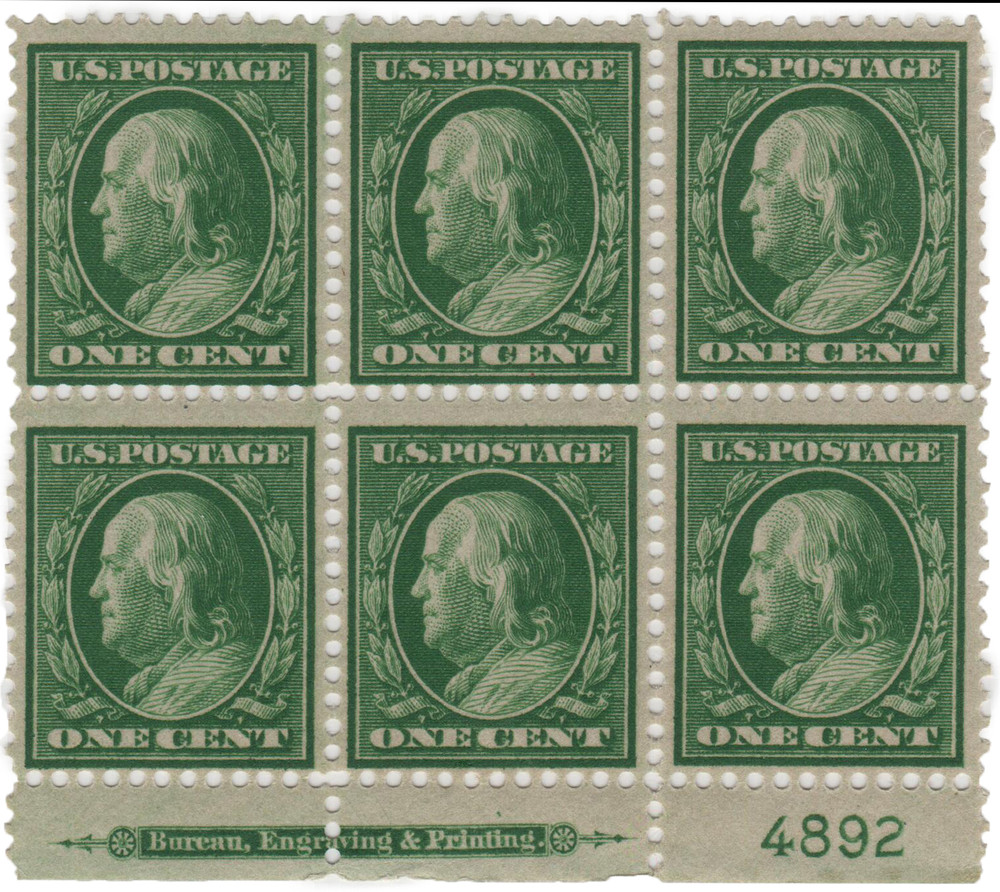 357 - 1909 1c Franklin, Green, Double Line Watermark, Bluish Paper