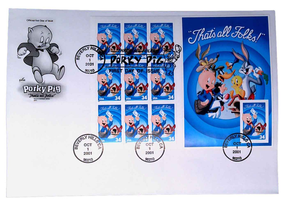 3535 - 2001 34c Porky Pig, Pane of 10 Stamps with Imperf. - Mystic