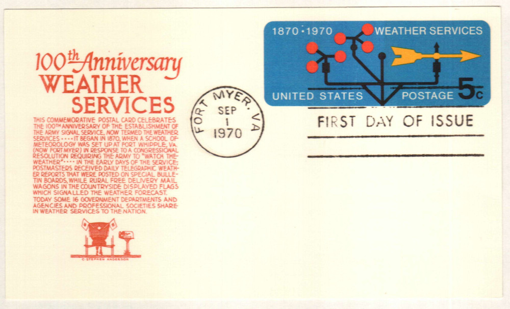 UX57 - 1970 5c Postal Card - Weather Services - Mystic Stamp