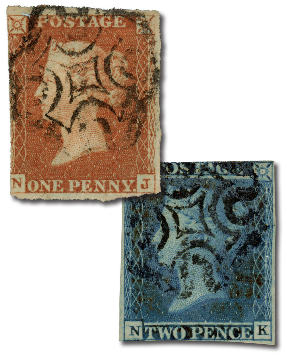 3-4 - 1841 Great Britain, Queen Victoria, 1p Red Brown and 2p Blue