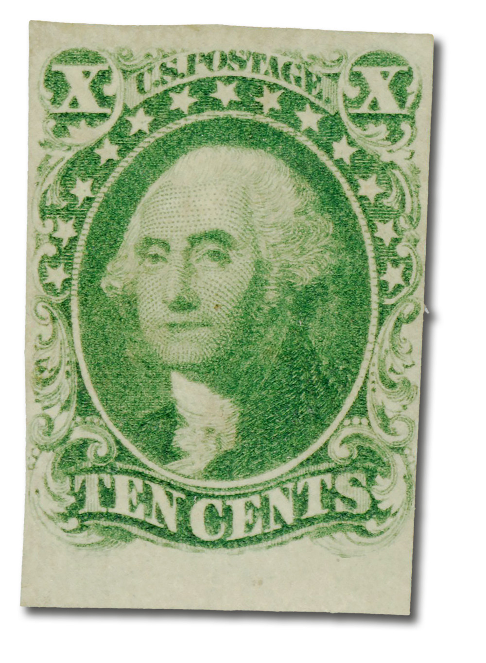 13 - 1855 10c Washington, Green, Type I, Imperf. - Mystic Stamp