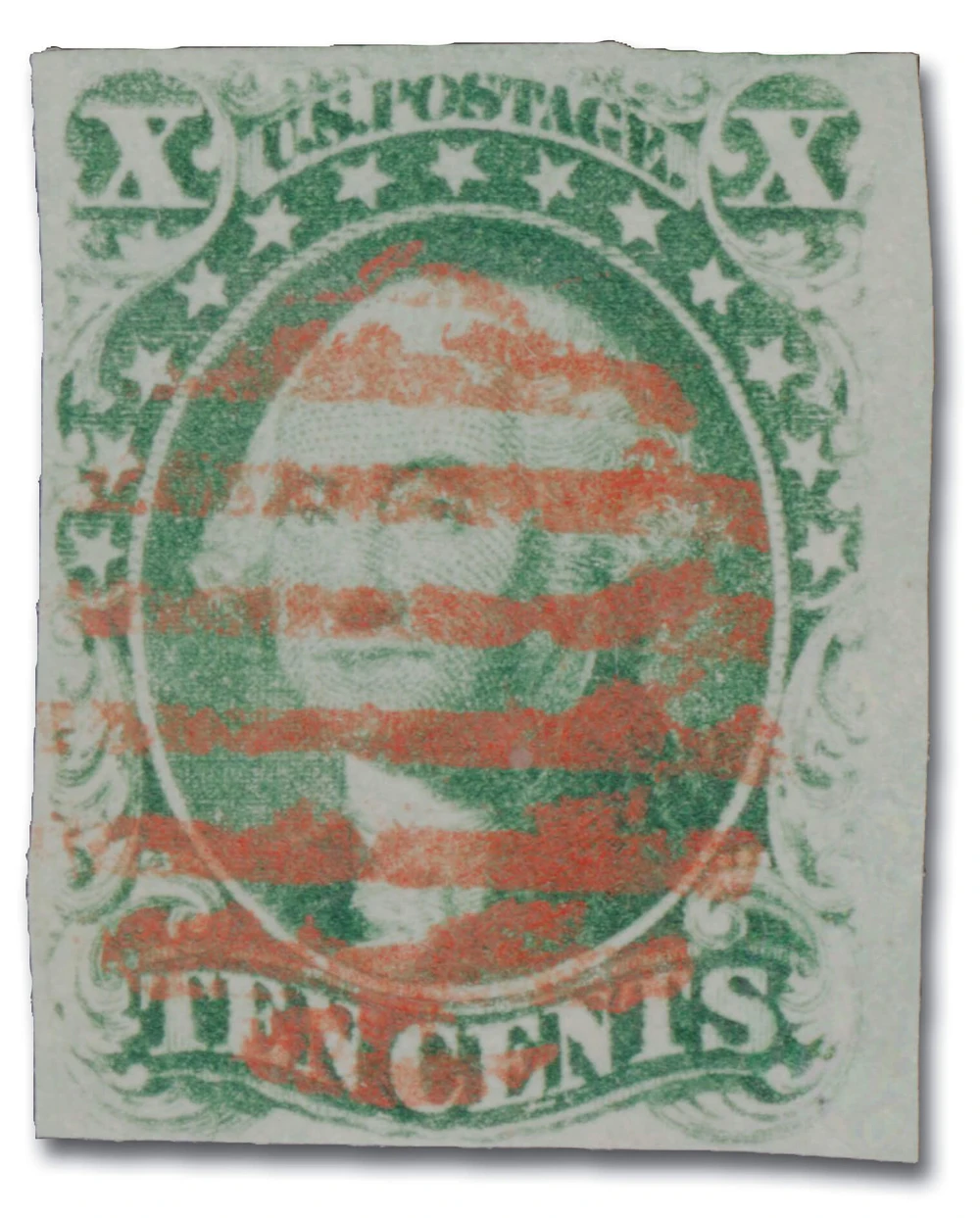13 - 1855 10c Washington, Green, Type I, Imperf. - Mystic Stamp