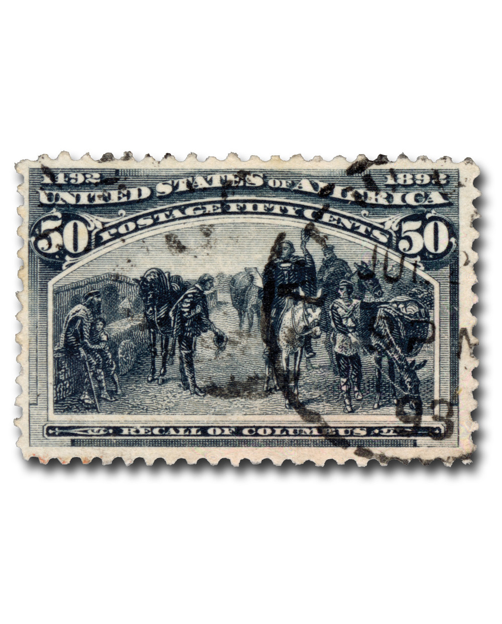 1893年 シカゴ万博 スティーブングラフ 織物 額装 コロンブス (USA) 240 - 1893 50c Recall of Columbus, Slate Blue - Mystic Stamp Company