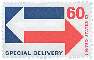 E23 - 1971 60c Special Delivery, Arrows, Blue & Red - Mystic Stamp