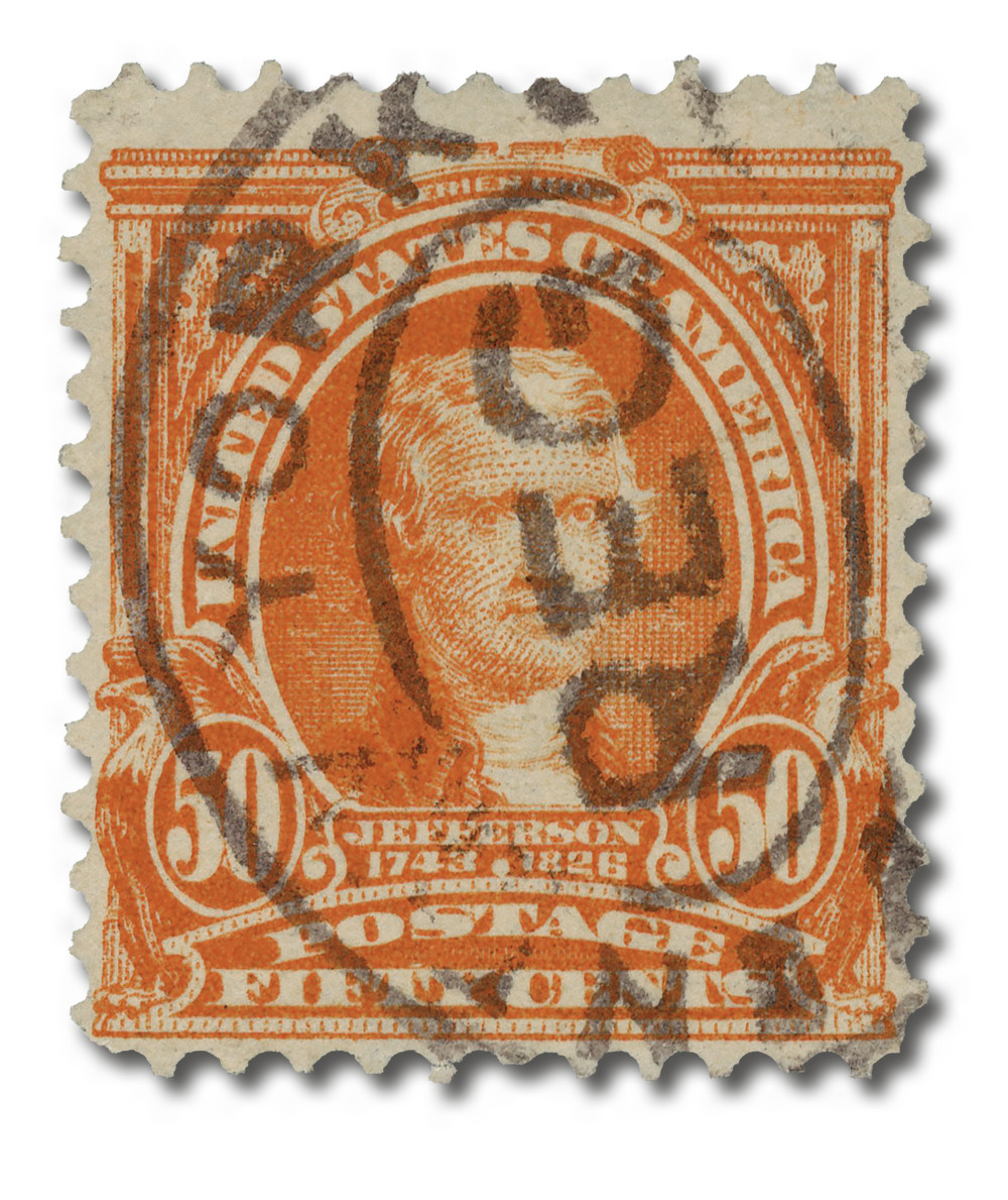 310 - 1903 50c Thomas Jefferson, Orange, Double Line Watermark