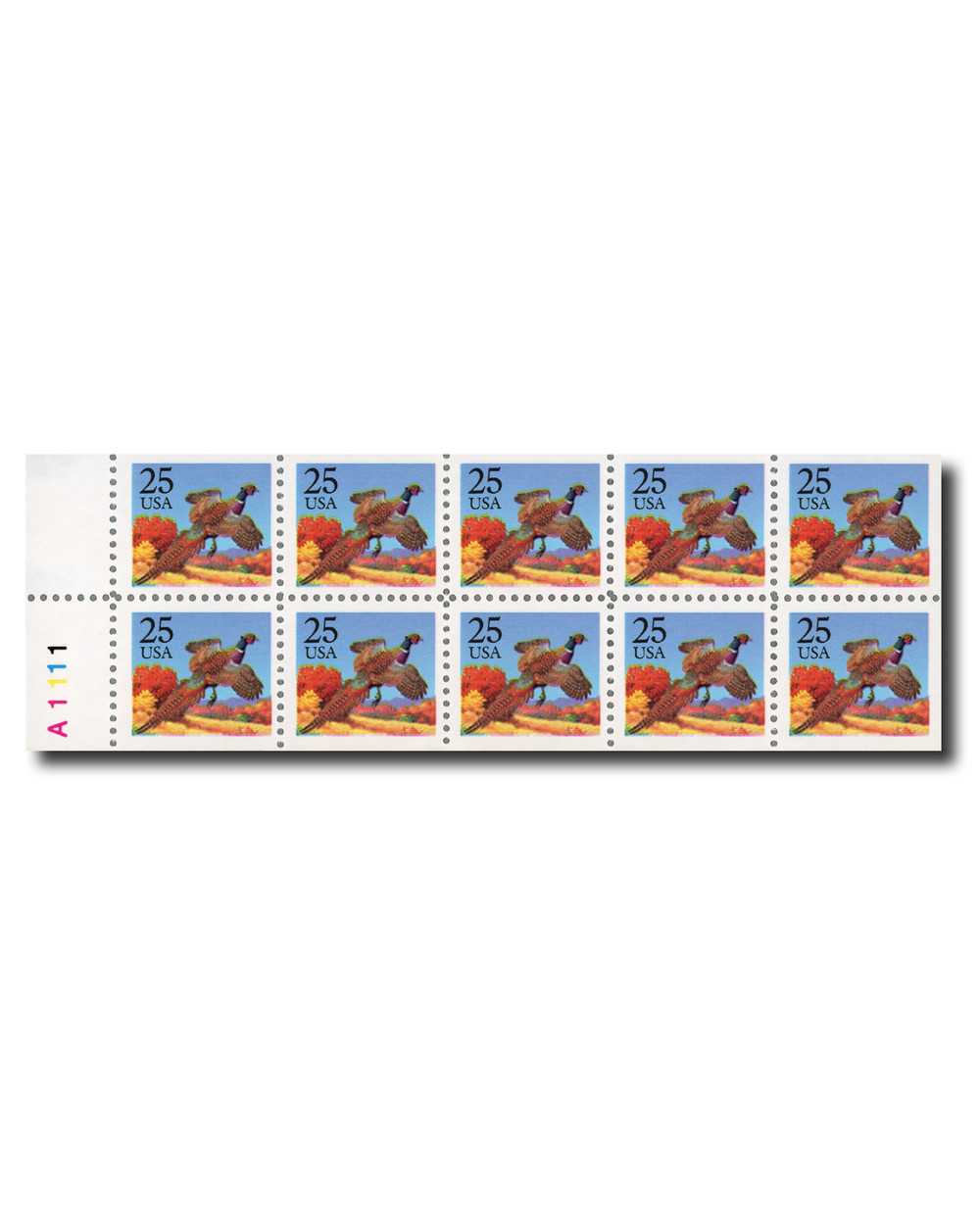 2283a - 1988 25c Pheasant, Booklet Pane of 10 Stamps - Mystic