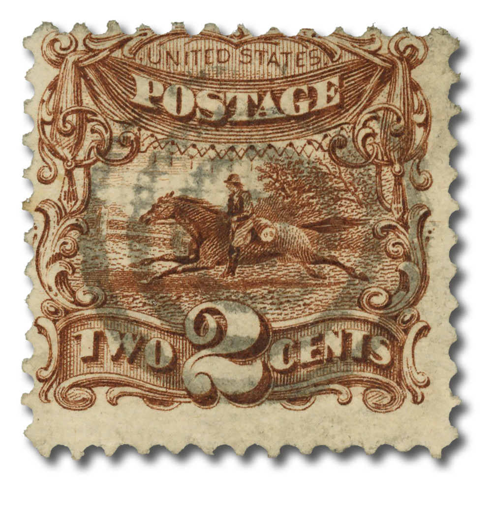 113 - 1869 2c Pony Express, Brown, Hard Wove Paper, G Grill, Perf