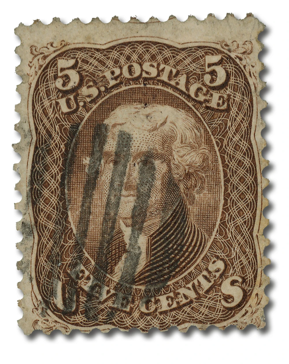 76 - 1863 5c Thomas Jefferson, Brown, Perf. 12 - Mystic Stamp Company