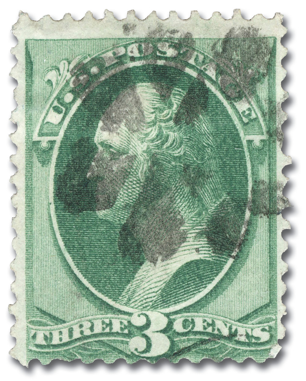 136 - 1870 3c Washington, Green, Hard Paper, H Grill, Perf. 12