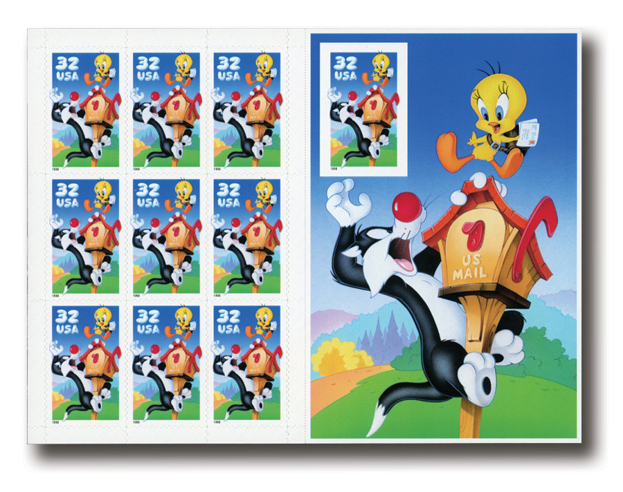 3205 - SAVE 50% on 1998 32c Sylvester & Tweety pane of 10 with