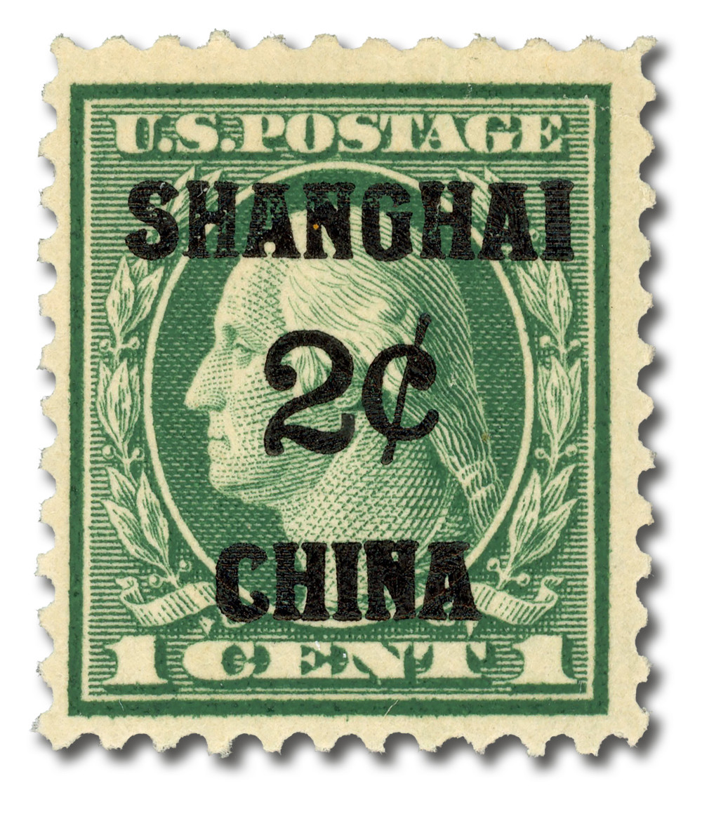 K1 - 1919 2c on 1c Shanghai Overprint - green - Mystic Stamp