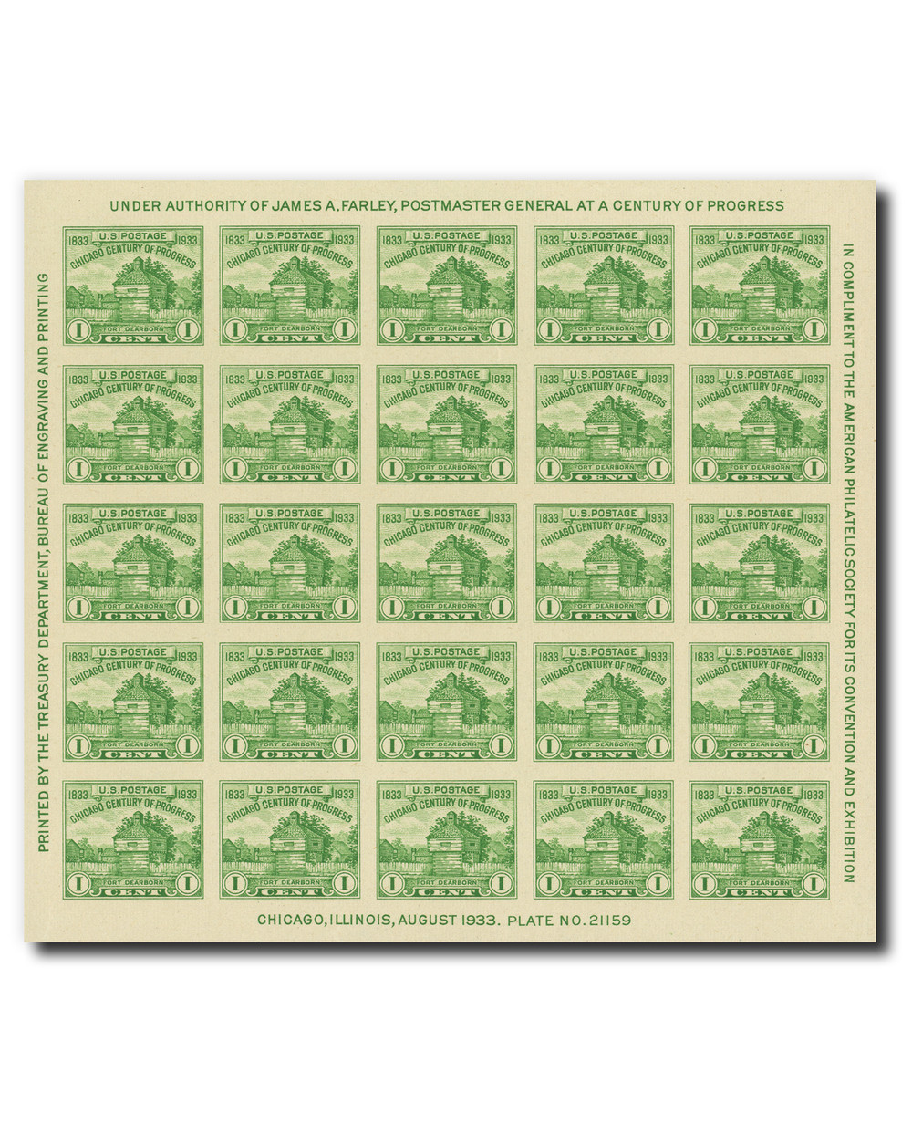 766 - 1935 1c Restoration of Fort Dearborn, Yellow Green, Souvenir