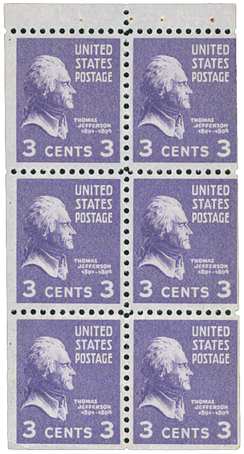 807a - 1938 3c Thomas Jefferson, Light Purple, Booklet Pane of 6