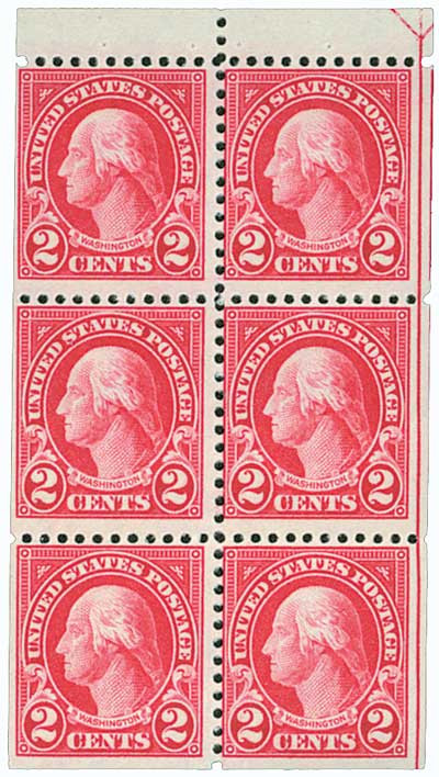 554c - 1922-25 2c Washington, Carmine, Booklet Pane of 6, Perf. 11