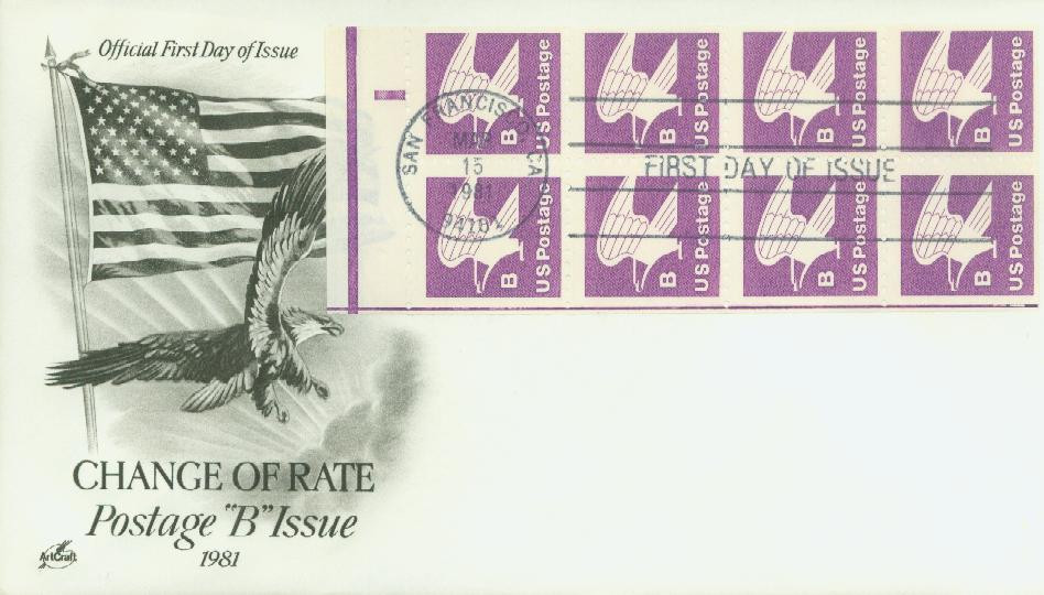 1819a - 1980-81 18c B-Rate Eagle, Booklet Pane of 8 Stamps