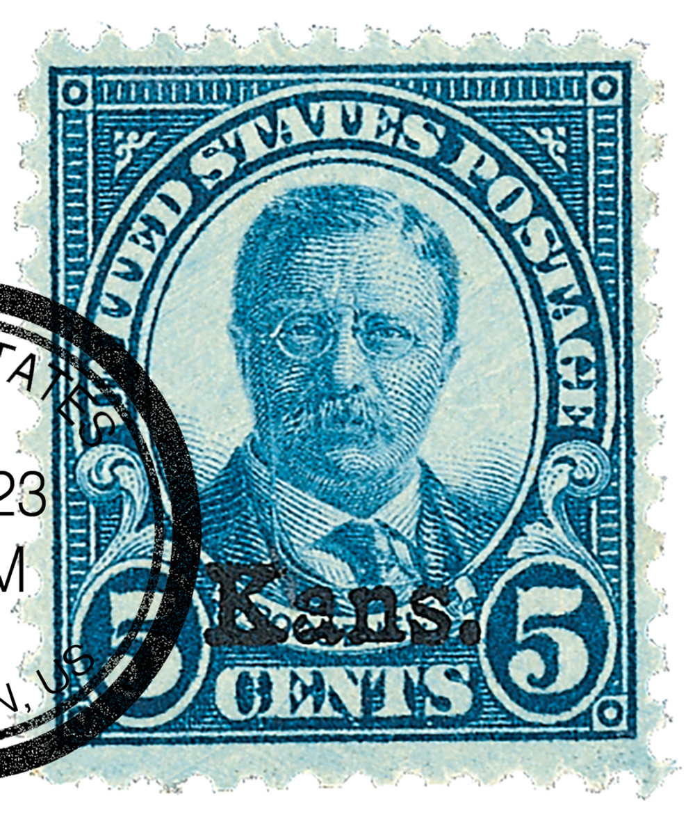 663 - 1929 5c Theodore Roosevelt, Deep Blue, Kansas Overprint