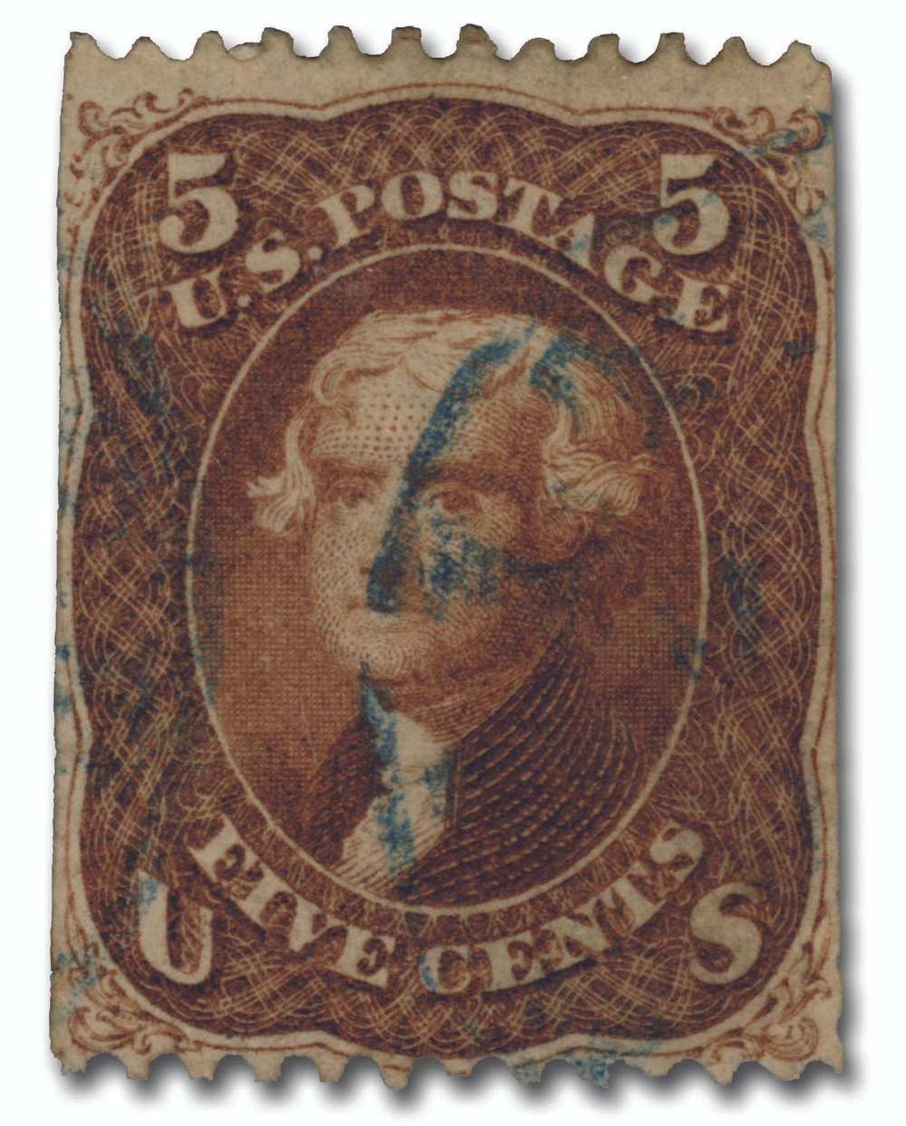 75 - 1861-66 5c Thomas Jefferson, Red Brown, Perf. 12 - Mystic