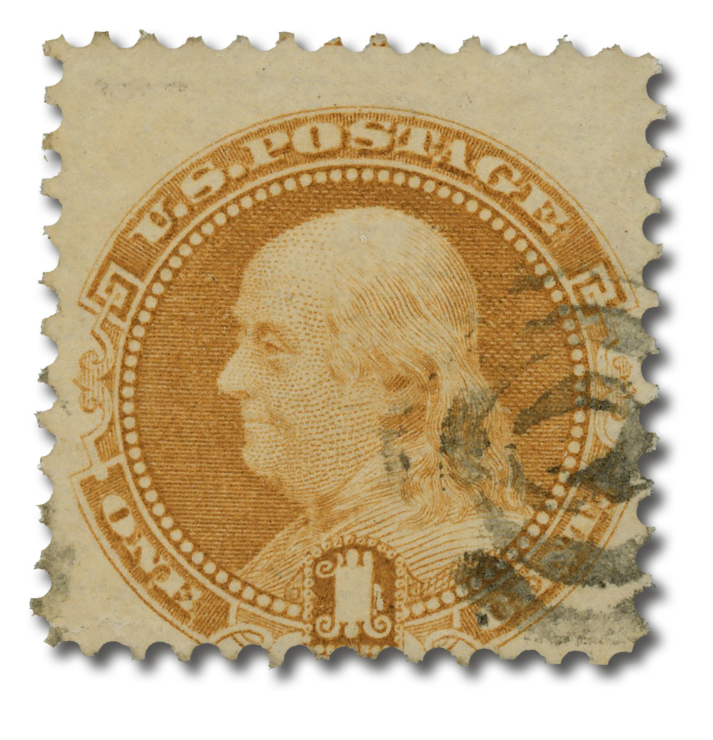 112 - 1869 1c Franklin , Buff, Hard Wove Paper, G Grill, Perf. 12