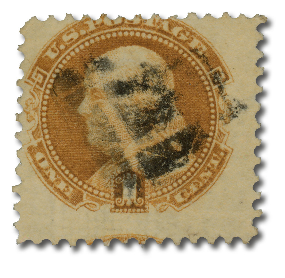 112 - 1869 1c Franklin , Buff, Hard Wove Paper, G Grill, Perf. 12