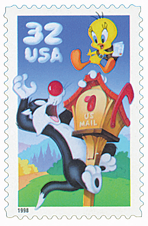 3204a - 1998 32c Sylvester & Tweety, Single from Pane of 10 Stamps