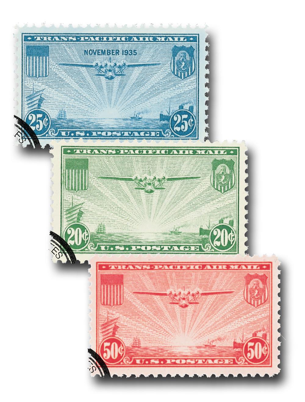 切手42 C20-22 - 1935 Trans-Pacific Issues, Set of 3 Stamps - Mystic