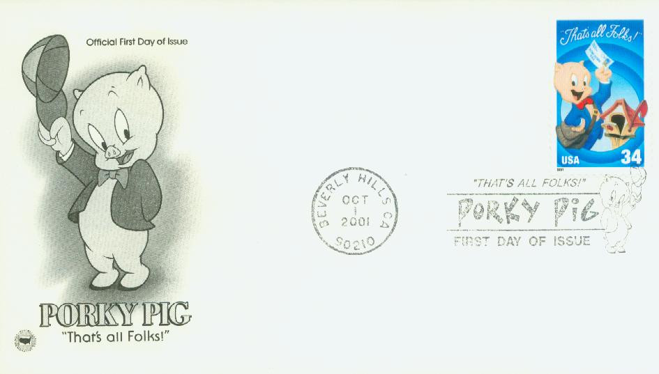 3534a - 2001 34c Porky Pig, Single from Pane of 10 stamps - Mystic