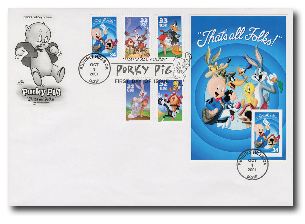 3534a - 2001 34c Porky Pig, Single from Pane of 10 stamps - Mystic