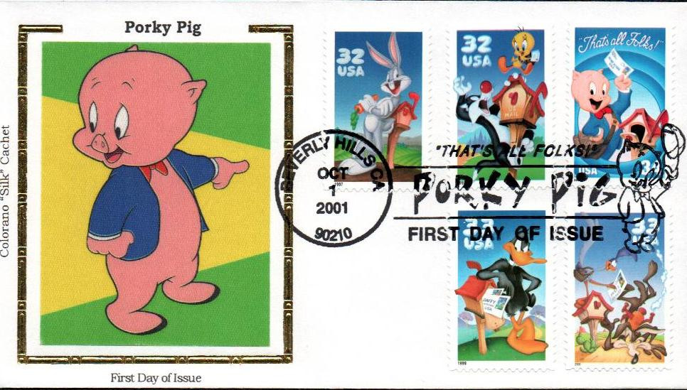 3534a - 2001 34c Porky Pig, Single from Pane of 10 stamps - Mystic